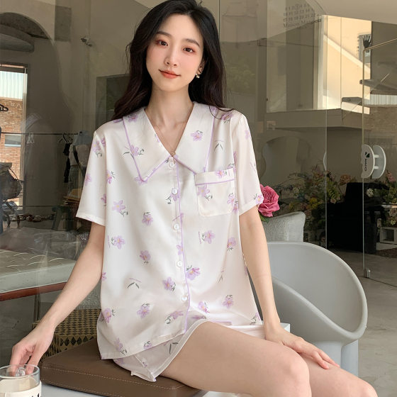 2023 New Little Red Book Recommended Magnolia Women's Ice Silk Pajamas Short-sleeved Shorts Suit Home Clothes Spring and Autumn Summer