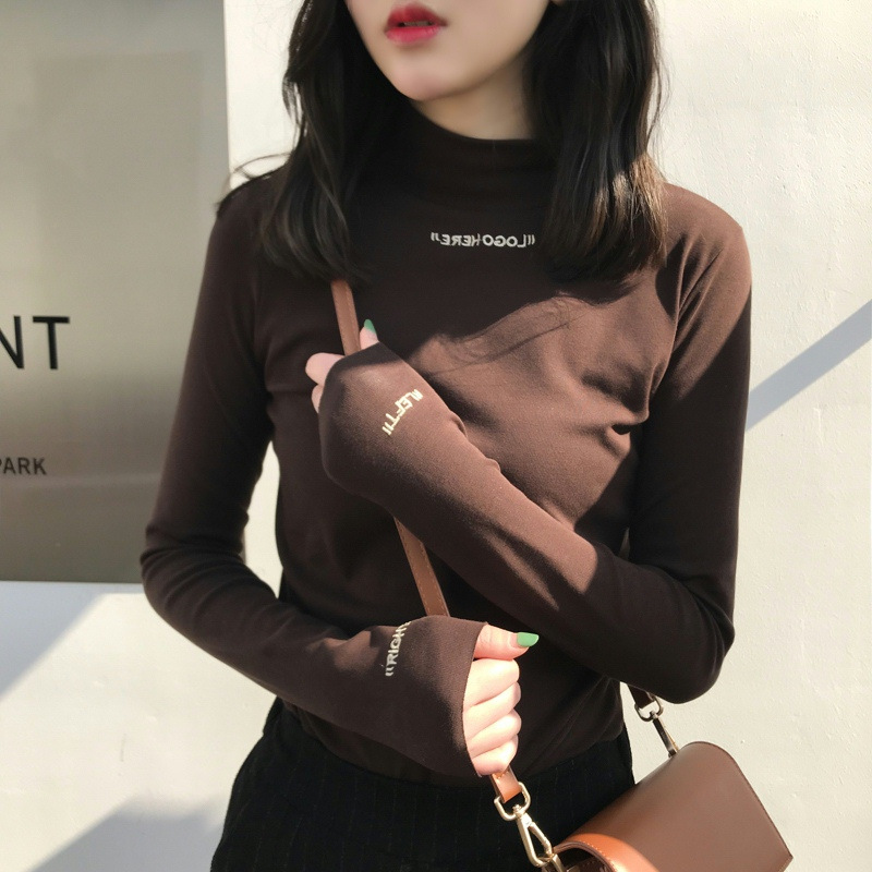 Wholesale 2023 autumn and winter half turtleneck bottoming shirt Women's slim embroidered solid color long sleeve T-shirt student letter top Wholesale 2023 autumn and winter half turtleneck bottoming shirt Women's slim embroidered solid color long sleeve T-shirt student letter top