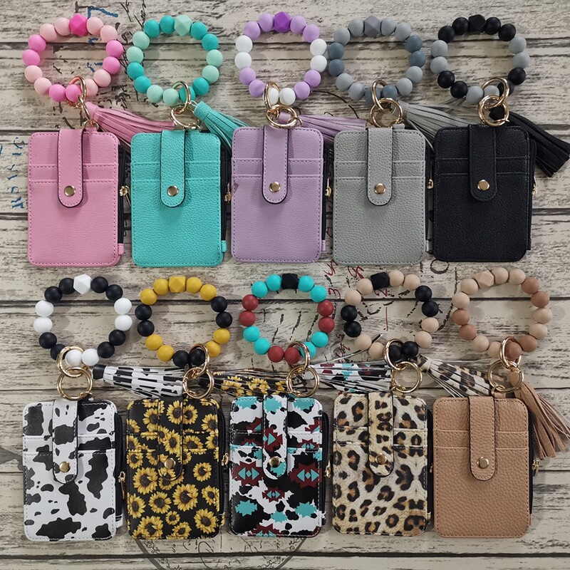 Cross-Border Hot-Selling Silicone Bead Bracelet Keychain Wrist Tassel Folded Card Holder Card Case Women's Coin Purse