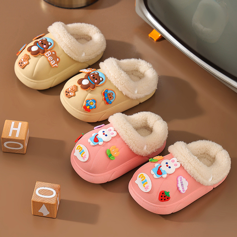 Winter Children's Cotton Slippers Boys Girls Cute Warm Winter Removable Bear Cartoon Cotton Slippers for Outer Wear