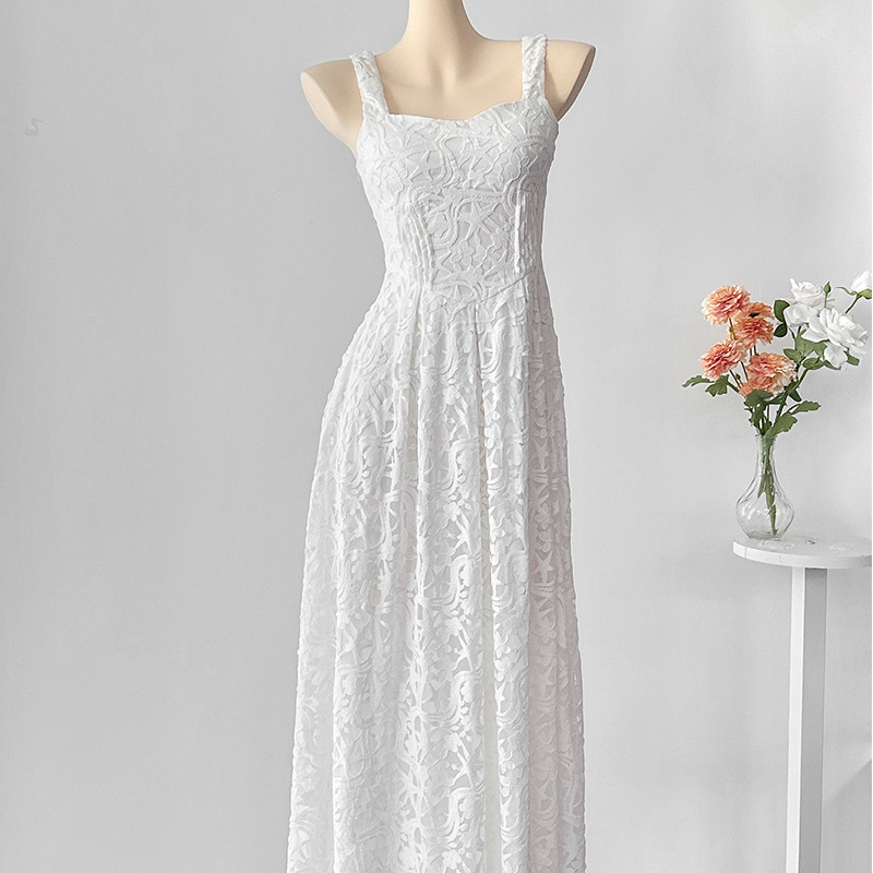 French Elegant White Suspender Lace Long Dress Slim Fit Wedding Dinner Dress Elegant Goddess Skirt