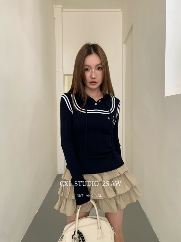 CXI 学院风针织连帽衫女秋季新款修身叠穿假两件上衣美拉德撞色衫|undefined