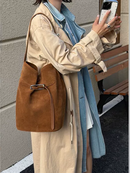 Women's Frosted Leather Bucket Bag, Korean Style Retro Versatile Shoulder Crossbody Bag, Commuter Fashion Trendy Bag