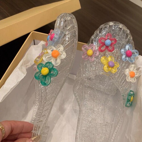 Crystal shoes, sandals, flat, transparent, semi-draped, wearing shoes, jelly, 2025 soft sole slippers, topless women's shoes