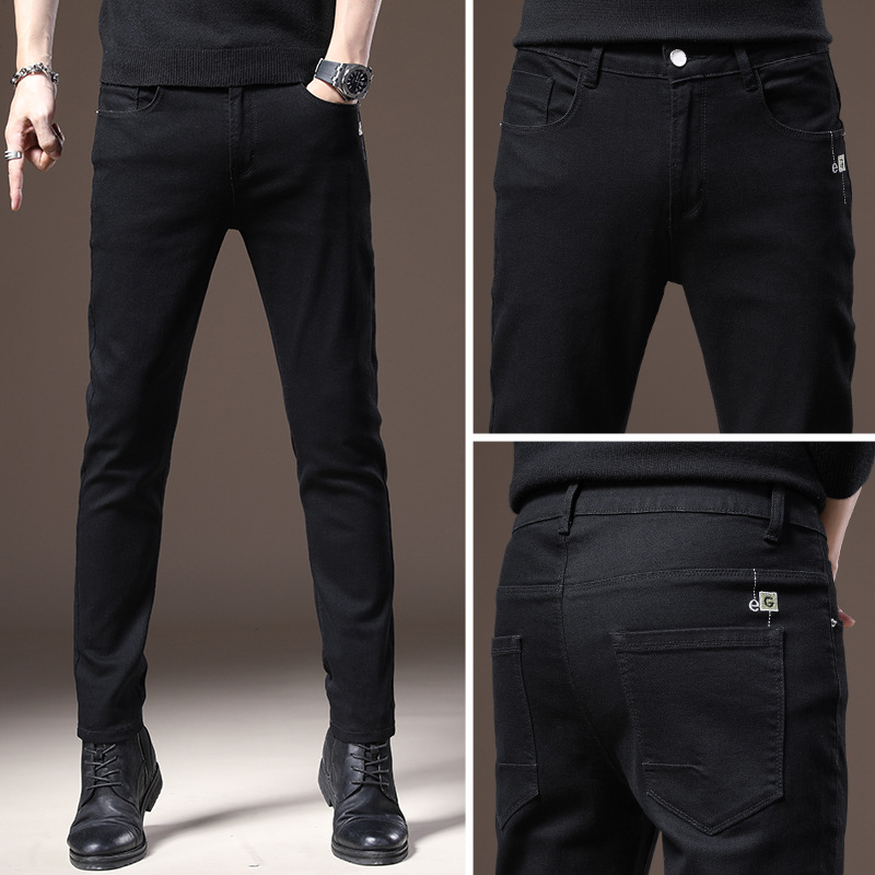 Autumn and winter men's casual jeans Korean version trendy stretch washed slim fit black straight tube with thick velvet_voghion.com