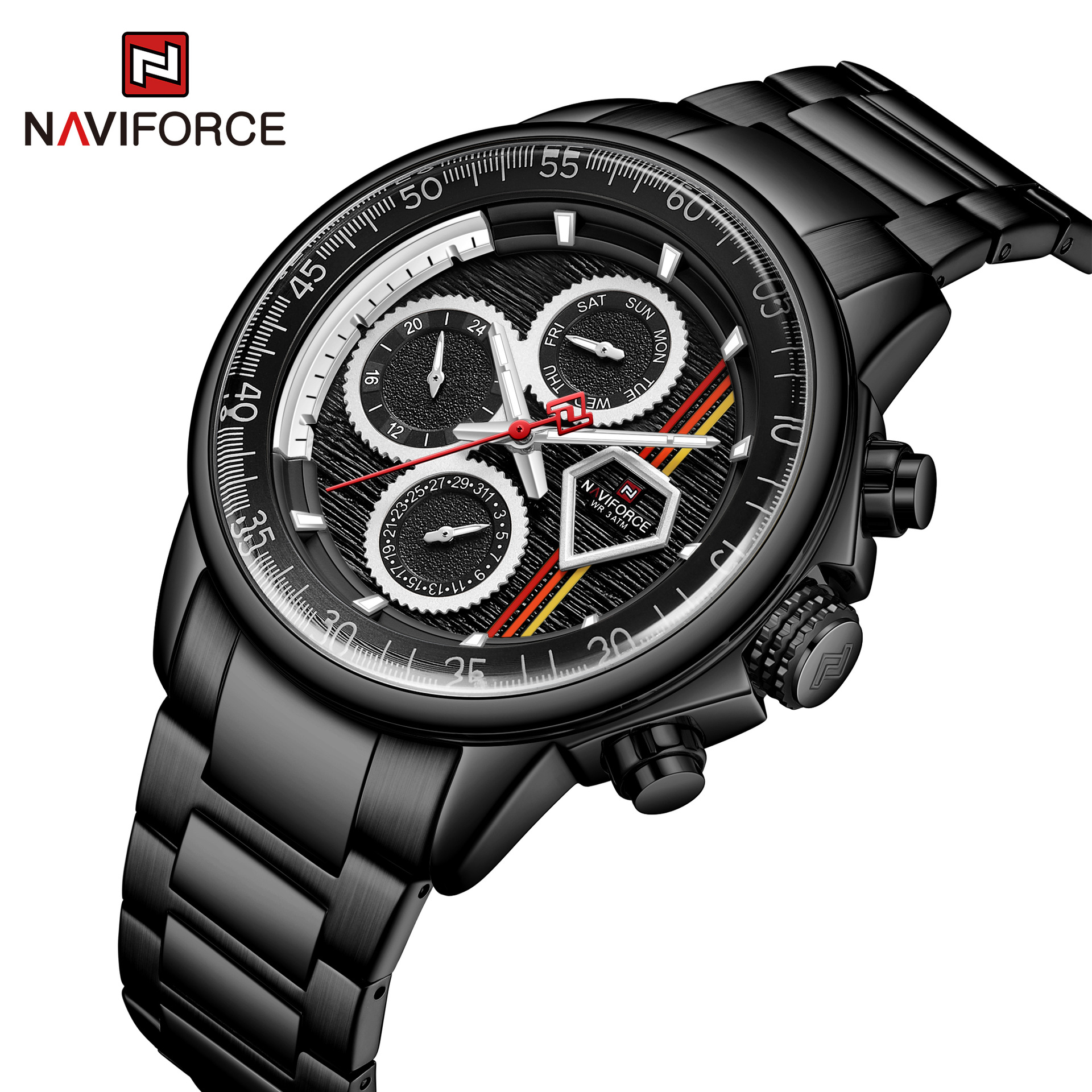 Relógio masculino casual de negócios de quartzo NAVIFORCE/Lingxiang 9184 com pulseira de aço e calendário de seis pinos_voghion.com