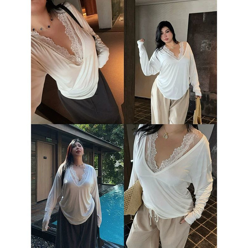 Fat Sister 1.00 kg-150.00 kg Spring and Autumn New plus size Loose Lace Stitching Deep V-Neck Long Sleeve Base T-Shirt Top for Women Fat Sister 1.00 kg-150.00 kg Spring and Autumn New plus size Loose Lace Stitching Deep V-Neck Long Sleeve Base T-Shirt Top for Women