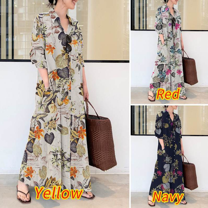 2026 New Style Shirt Dress Long-Sleeve Cotton-Linen Printed Japanese-Style Turn-Down Collar Simple Loose Casual Long Shirt Dress