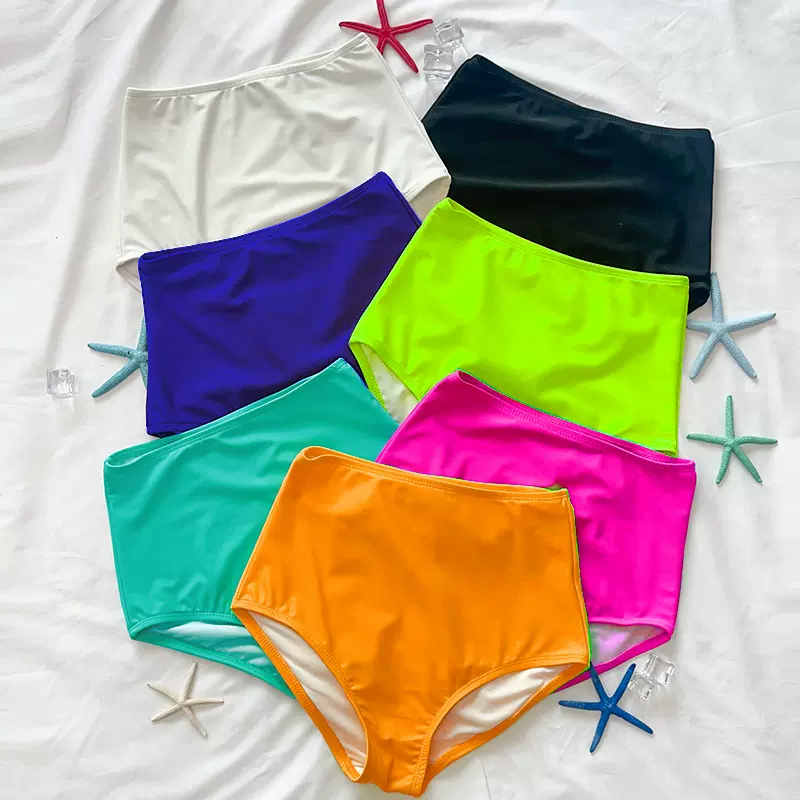 源头工厂批发女士高腰泳裤三角速干运动遮肉时尚纯色温泉泳衣批发