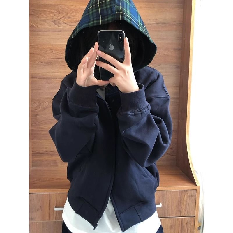 美式复古格子帽卫衣女春秋韩系慵懒风oversize潮牌高级感开衫外套