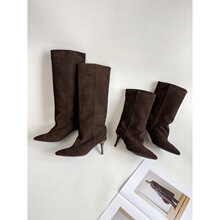 羊皮版~尖头复古气质宽筒长靴女显瘦高跟靴不过膝骑士靴细跟靴子