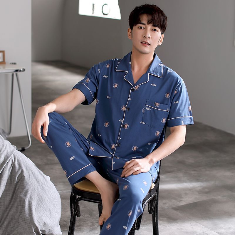 Pajamas de algodón para hombres de verano Cardigan de mangas cortas pantalones largos delgados set de ropa de hogar grande