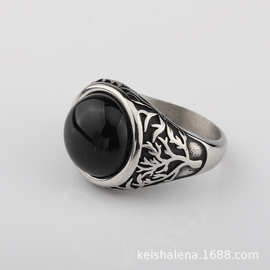 新款欧美外贸时尚个性复古宝石大树叶纹钛钢男士戒指批发