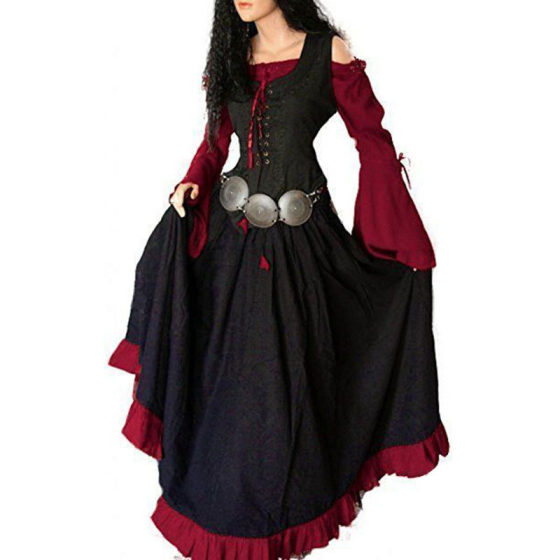 European and American medieval court retro slim fit off-neck lace-up large swing dress stitching bell sleeve