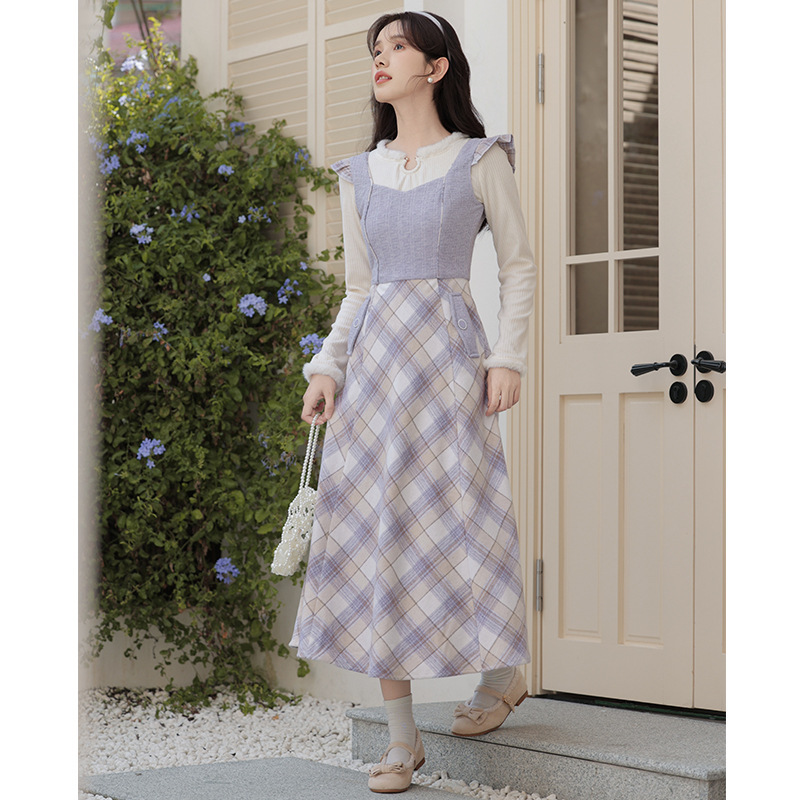 French Gentle Style Sweater Purple Wool Plaid Suspender Dress Two-Piece Set Feminine Outfit Suit