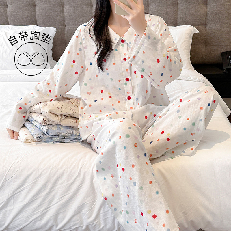 Colorful polka dot pattern, with built-in chest pads, soft and skin-friendly cotton loungewear, long-sleeved and long-legged, simple and versatile women's pajama set Colorful polka dot pattern, with built-in chest pads, soft and skin-friendly cotton loungewear, long-sleeved and long-legged, simple and versatile women's pajama set
