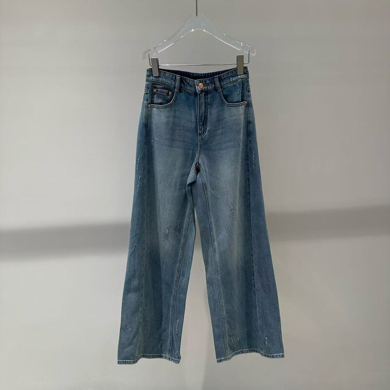 2025 summer new women's wear hole high waist slim wide leg pants casual Denim long pants 50423236