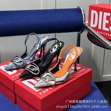 高版本DS-2025夏季新款后空尖头金属扣高跟鞋 一字扣黑色名媛细跟