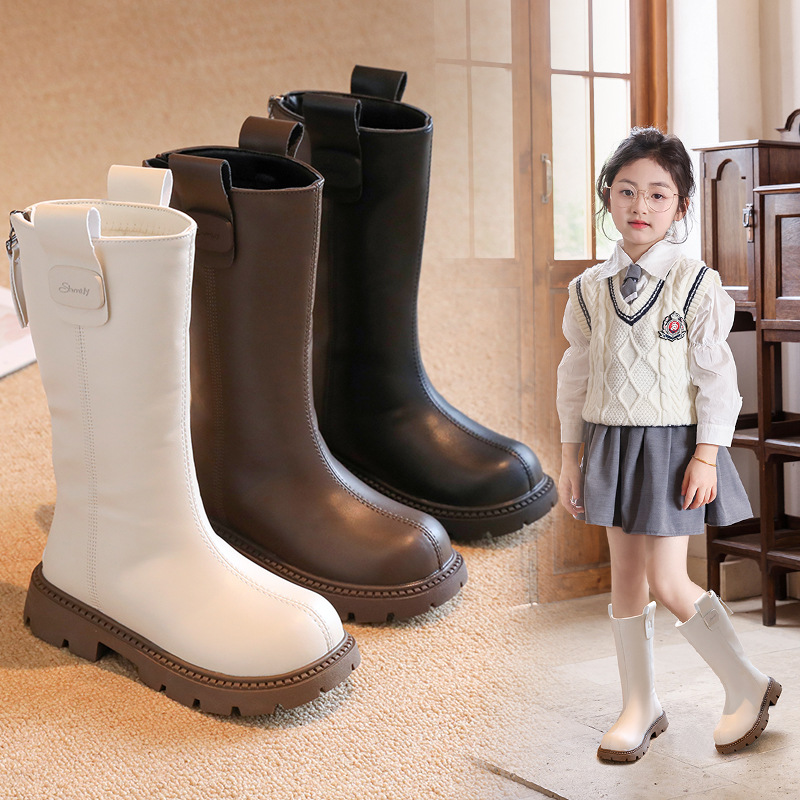 Girls' Princess Leather Boots with Fleece Lining, Big Kids' Shoes, Children's Long Boots, 2024 Autumn and Winter New Style, Girls' High-Top Princess Boots