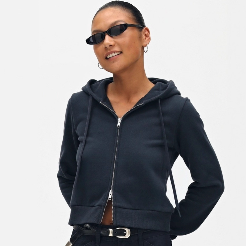 oneup美式灰色修身短款百搭连帽卫衣外套女秋季小个子开衫拉帽衫