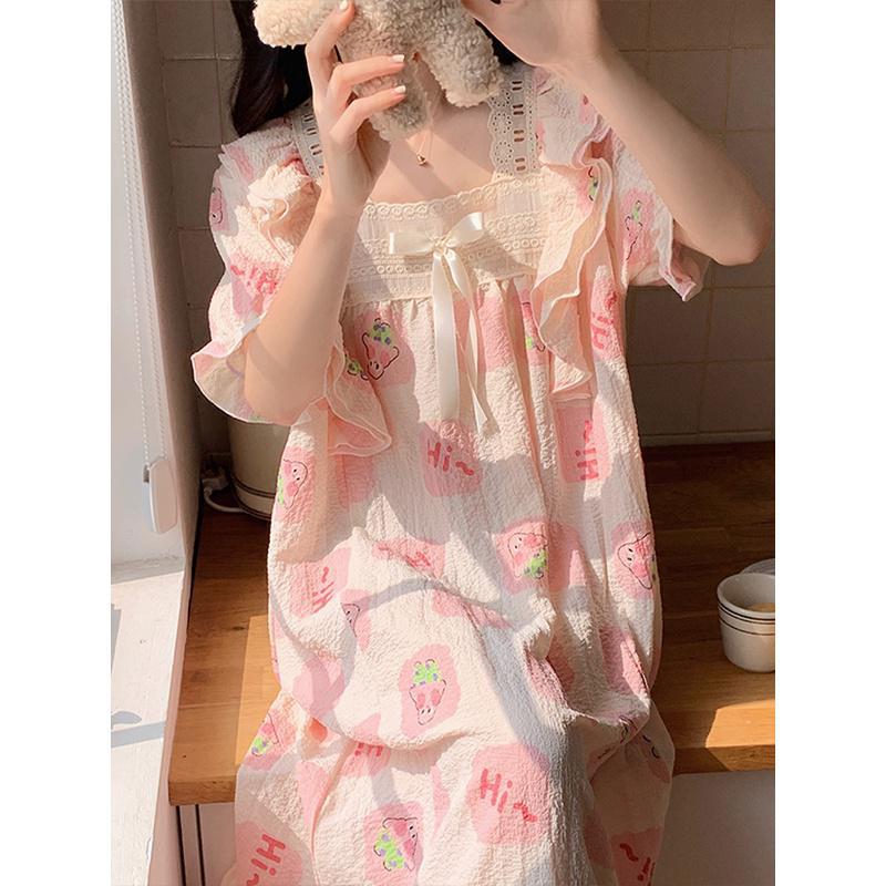 Camisón de verano de dibujos animados de las mujeres lindo dulce en línea celebridad manga corta estilo princesa pijamas verano homewear de las mujeres puede salir