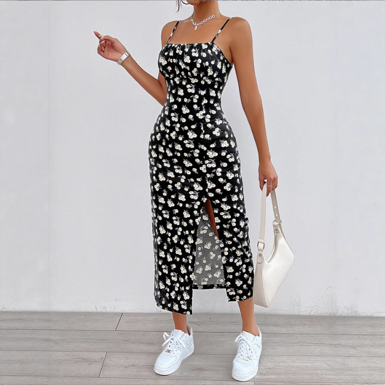 European and American Elegant Floral Print Slit Thigh Camouflage Dress