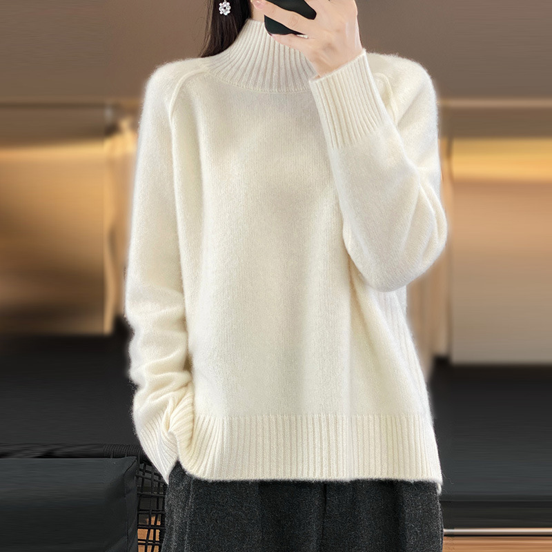 ハイカラー秋と冬の新しいラグランフラットニットボトムセーター 2025 多用途ルーズレイジースタイルトップ女性のための|undefined