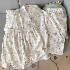 自嘲熊甜美卡通条纹短袖睡衣女夏季纯棉纱布三件套学生宿舍家居服