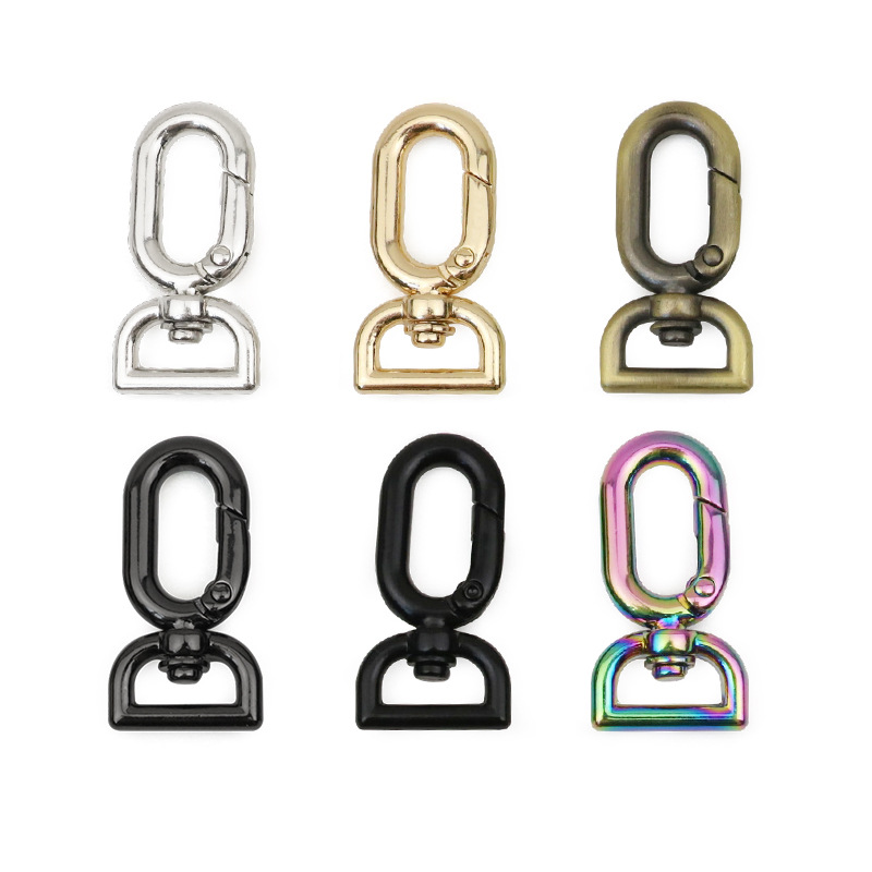 En stock bolsa de ropa hardware gancho hebilla aleación de zinc colgante chapado D cola en forma de huevo hebilla bolsa con cadena hebilla de resorte de metal