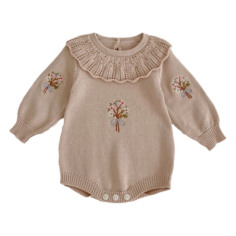 INS primavera y otoño nuevo bebé tejido cuello de hoja de loto mameluco de manga larga bebé bordado bolso trasero mameluco de una pieza