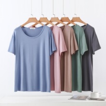 莫代尔薄款圆领短袖T恤女士夏季家居服胖mm休闲大码宽松凉感上衣