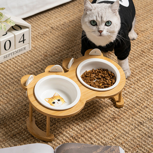 Cat bowl dual bowls cat food tray cat supplies ceramic pet dog food bowl drinking slanted mouth stand cervical protection cat food tray