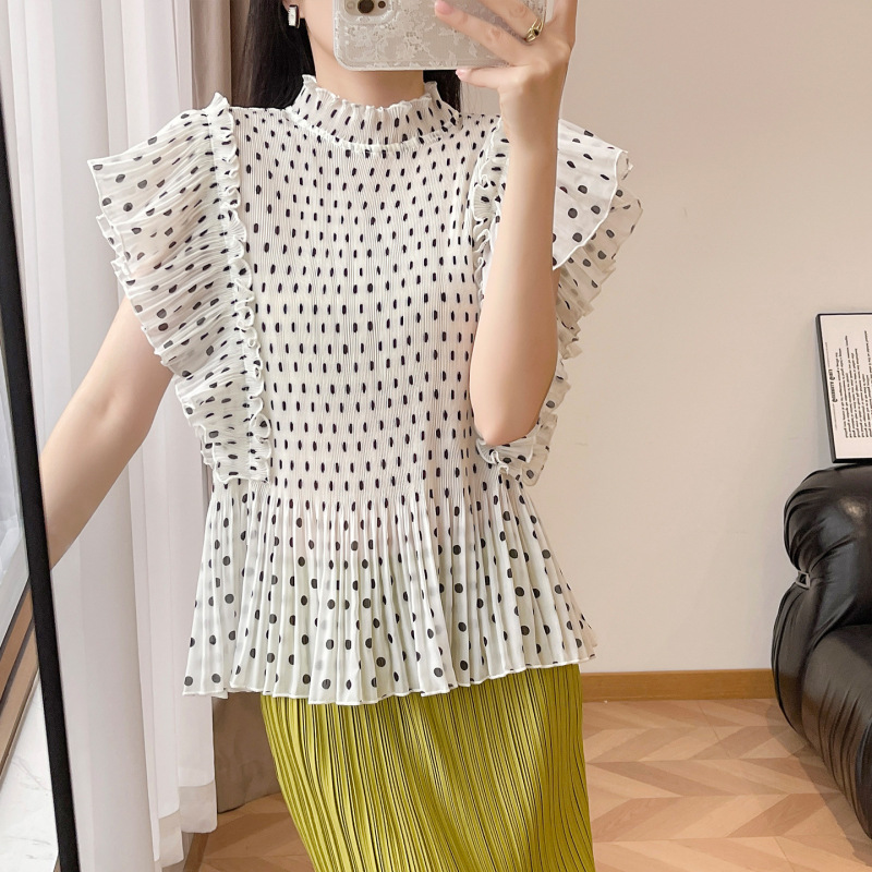 Miyake-Style Pleated Polka Dot Top for Women, Summer Ruffled Waist-Cinching Slim-Fit Half-High Collar Sleeveless Blouse