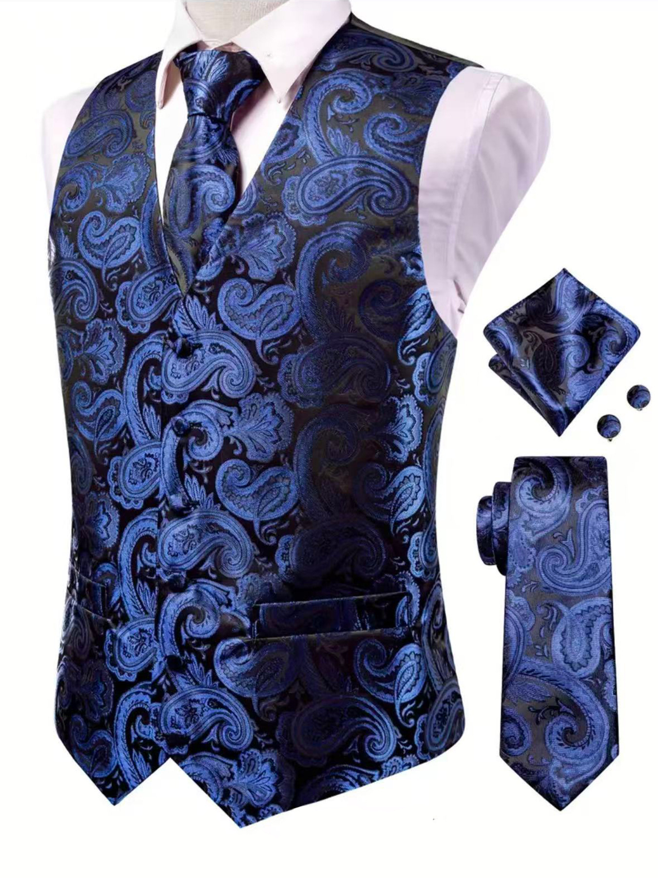Herren Paisley Weste Set Mit Krawatte Einstecktuch Manschetten_voghion.com