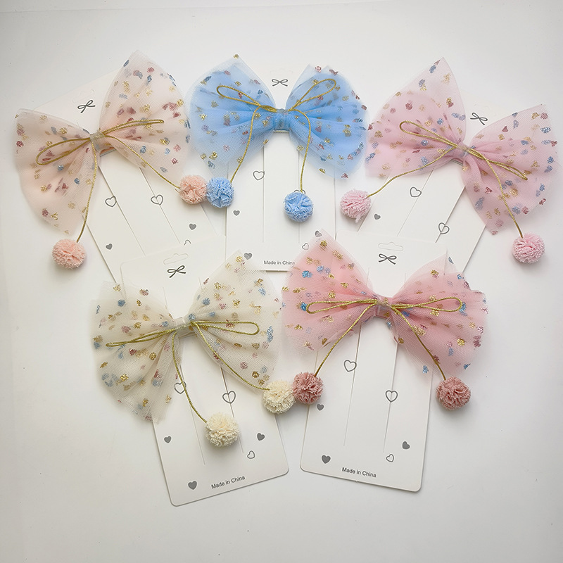 Children's Hair Accessories with Polka Dot Pendants, Glitter Mesh, Large Bow Hair Clips, Side Clips, Girls' Hair Accessories That Do Not Damage Hair