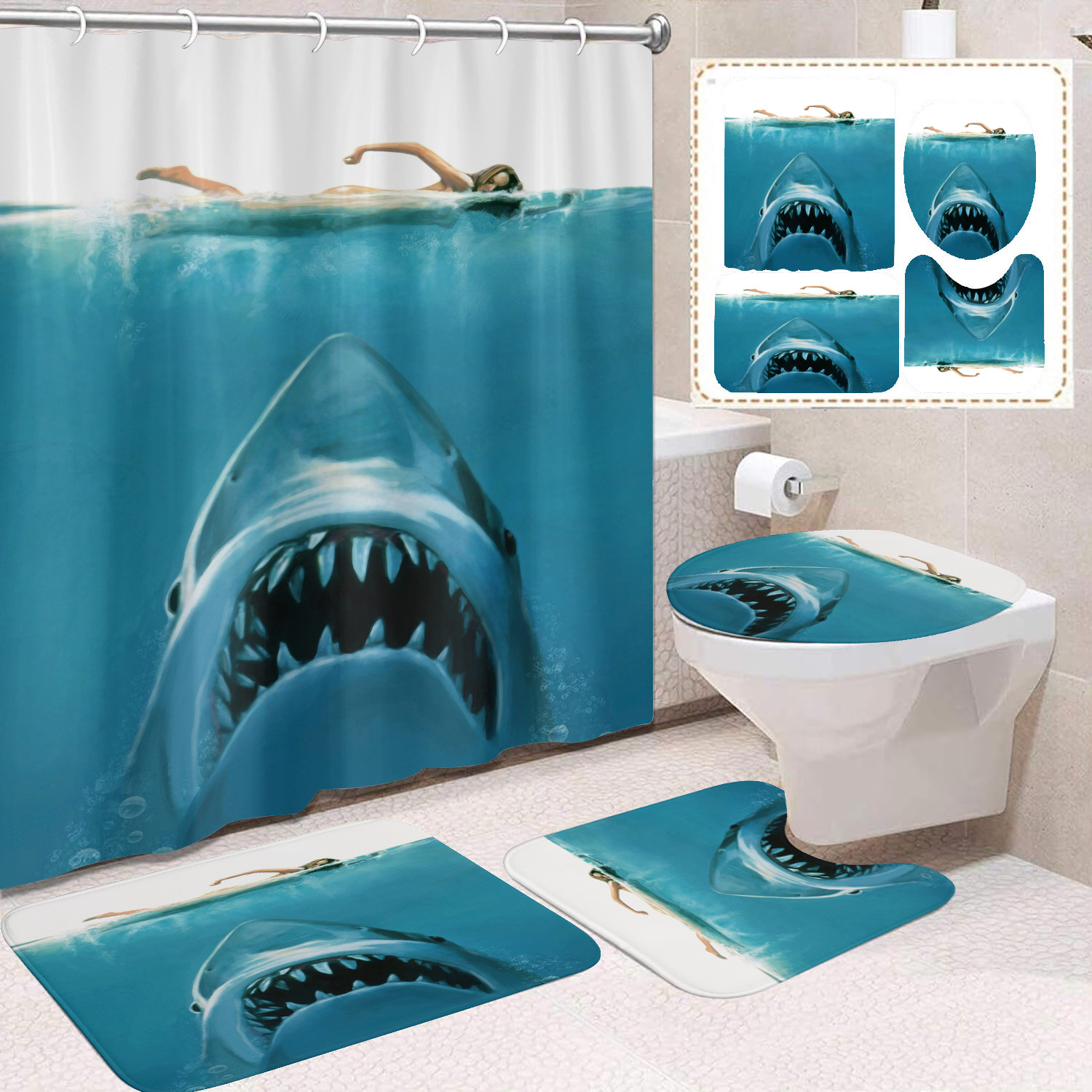 Cortina de ducha transfronteriza con diseño de delfines azules, estampada digitalmente, de poliéster, sin perforaciones, para baño, decoración del hogar image 65