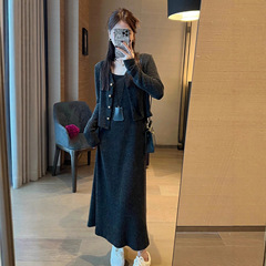 气质连衣裙2025新款女春秋氛围感小个子穿搭开衫背心裙子两件套装