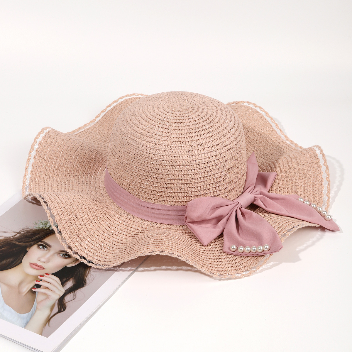 Sombrero de paja de viaje de verano flor sombrero de playa protección solar sombrero de sol ala grande paja tejida a mano arco sombrero de sol