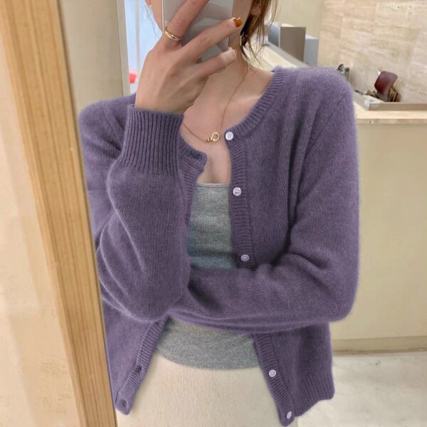 Autumn purple knitted cardigan with a round collar