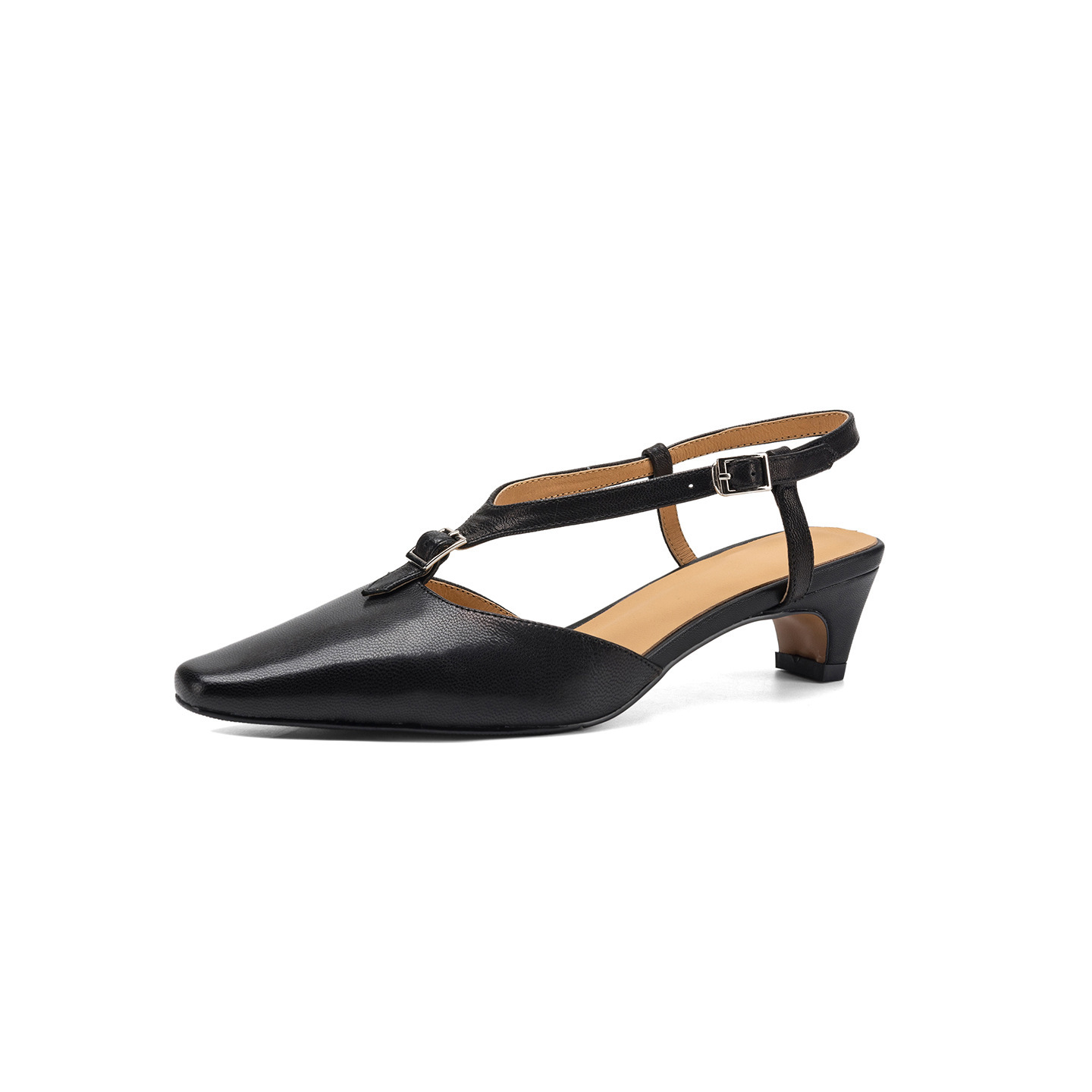 Sandal nữ quai ngang mũi kín da cừu gót thô 4 cm phong cách Hàn Quốc — đen chi tiết 22