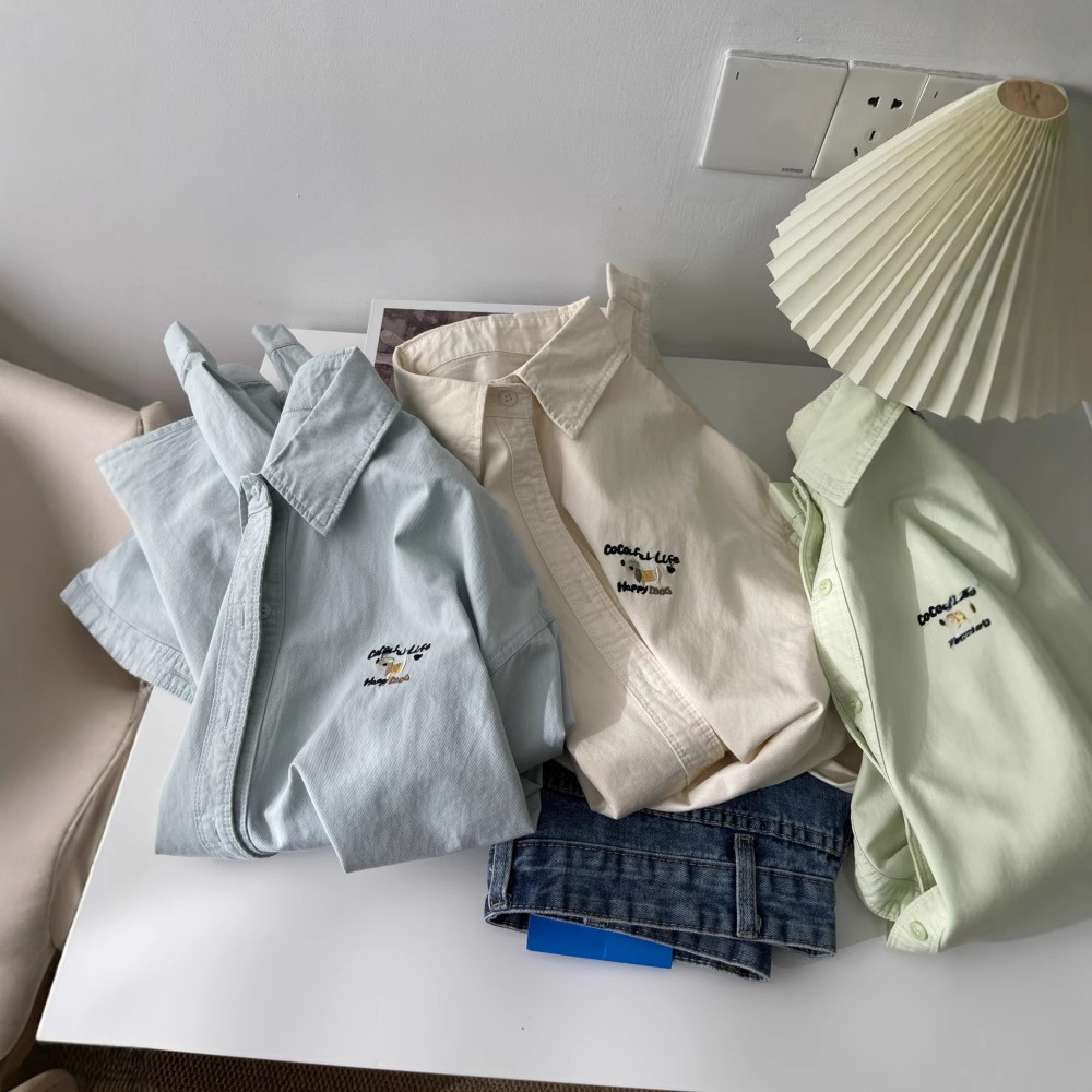 盐系长袖衬衫女春季韩版2025新款字母刺绣宽松中长款纯色上衣5212