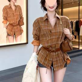 2026春季感格纹polo领衬衫女美式复古宽松显瘦百搭长袖上衣潮