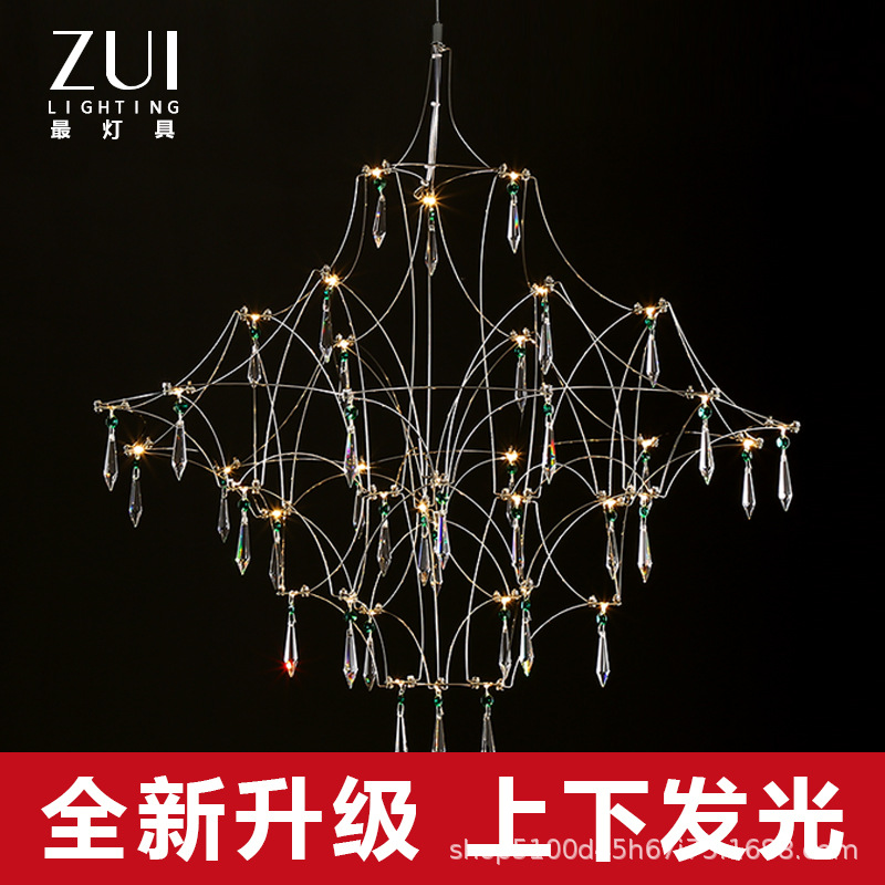 New Upper and Lower Luminous Cubic Star-Filled Firefly Crystal Chandelier, High-End Living Room Duplex Stair Lamp