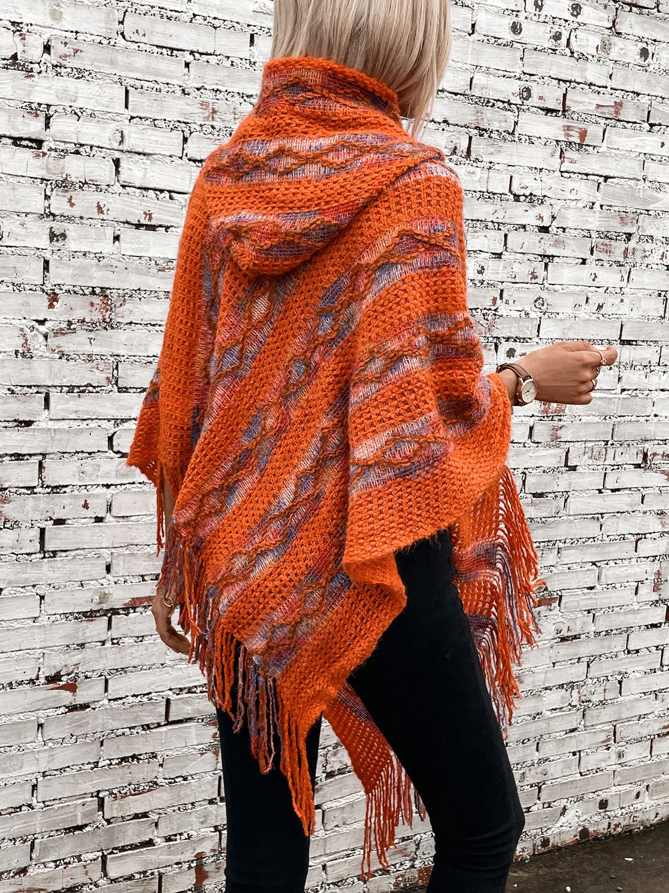 Farbig gestreifter, gestrickter Cape-Schal mit Kapuze und Fransen, lockerer Pullover für Damen_voghion.com