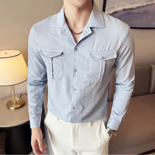 2025秋款男士时尚古巴领麻棉质感长袖衬衣 轻奢双口袋设计感衬衫
