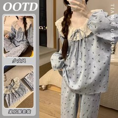 甜美花边碎花云朵棉睡衣女春秋季新款长袖宽松学生休闲家居服套装