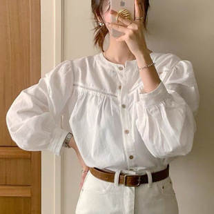 South Korea Dongdaemun 2024 New Women's Clothing Stitching Hollow Lace All-match Shirt Sweet Spring and Autumn Solid Color