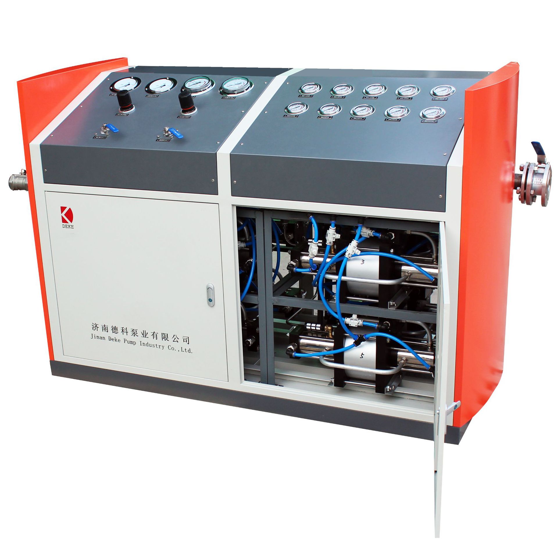 德科空气驱动耐压检测设备输出流量检测机不锈钢材质气动水压测试