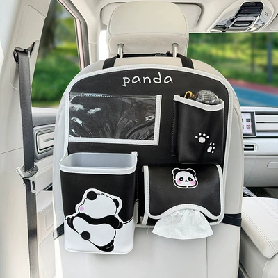 Chair back anti-kick pad cute cartoon minimalist panda black - seat-back-storage-bag-wall-climbing-panda-multifunctional-style-print-leather-blackwhite
