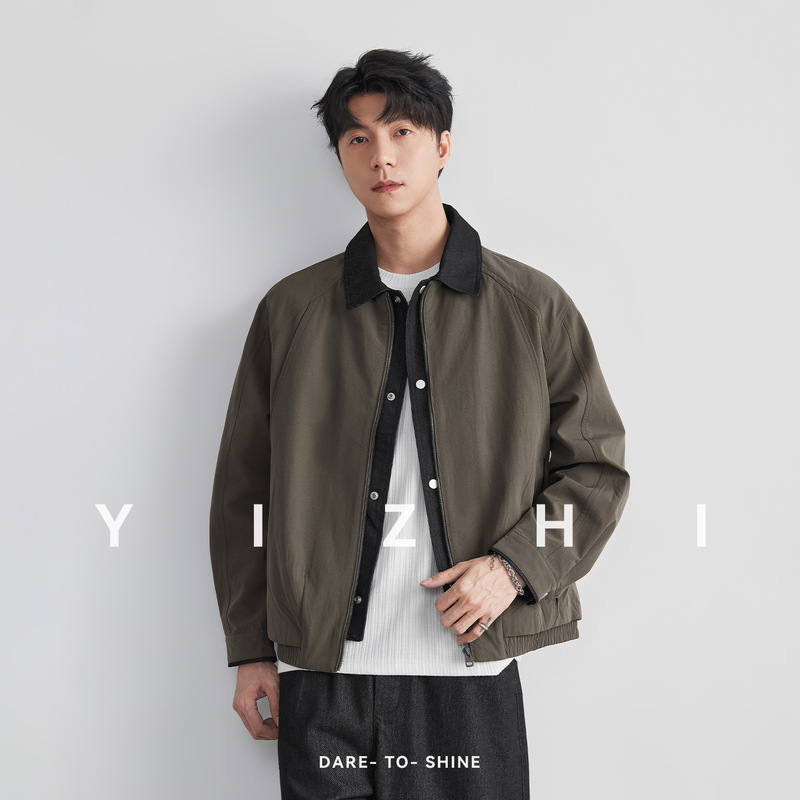 Yizhi Contrast Color Lapel Jacket for Men, 2026 Autumn New Style, Old Money Style, Patchwork Collar, Loose Short Casual Coat Yizhi Contrast Color Lapel Jacket for Men, 2026 Autumn New Style, Old Money Style, Patchwork Collar, Loose Short Casual Coat